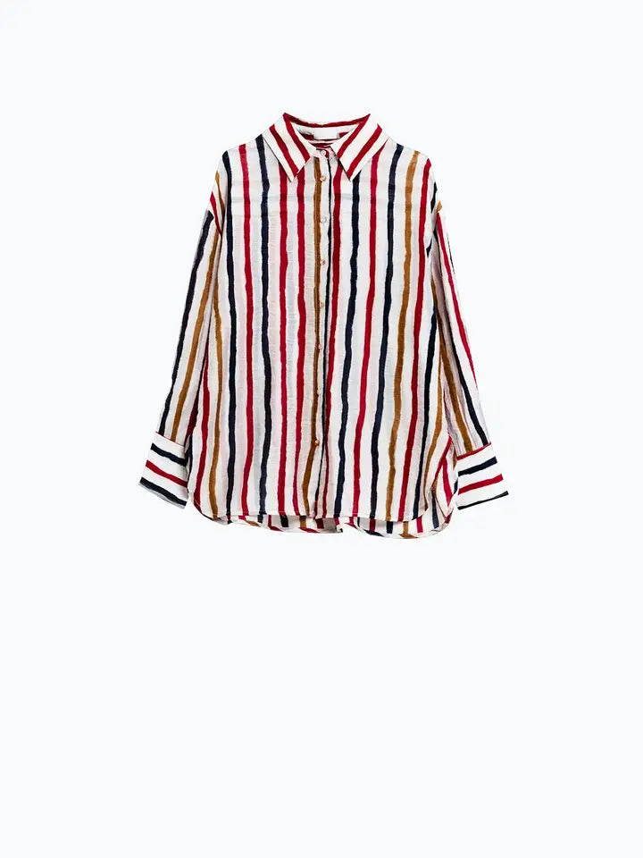 Chiffon Long Sleeve Shirt with Multicolor Stripes Red and Na-Shirt-Q2-S-Brown-Urbanheer