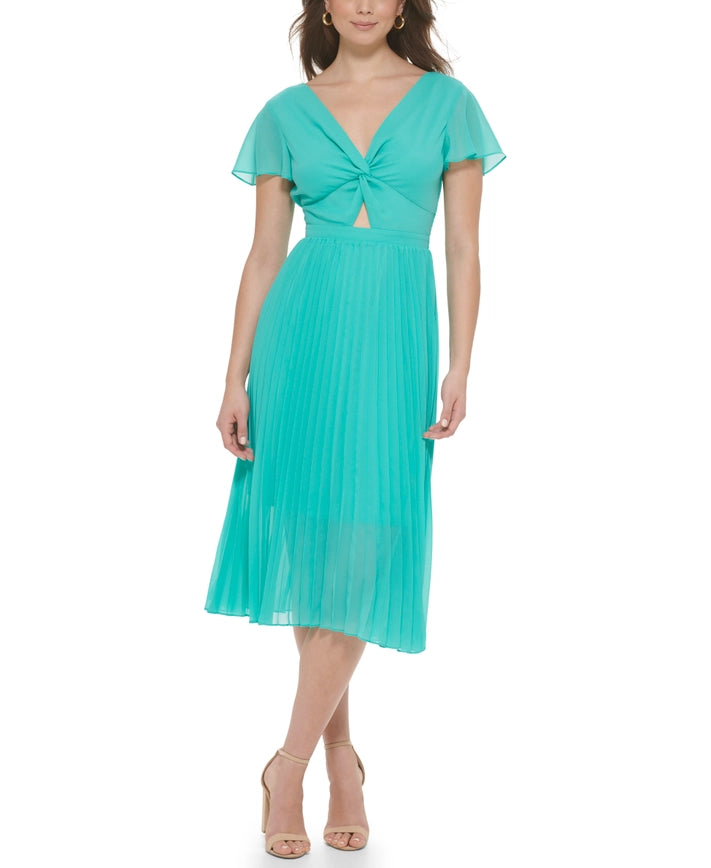 Chiffon Midi With Flutter Sleeve And Key Hole Detail-Dress-Kensie Dresses-2-AQUA SPRAY-Urbanheer