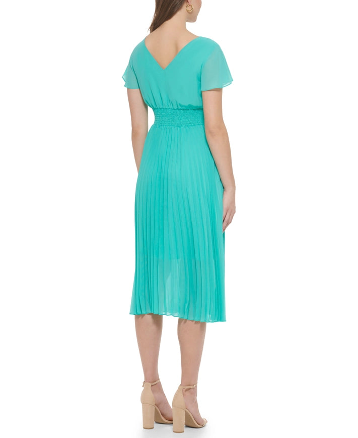 Chiffon Midi With Flutter Sleeve And Key Hole Detail-Dress-Kensie Dresses-2-AQUA SPRAY-Urbanheer