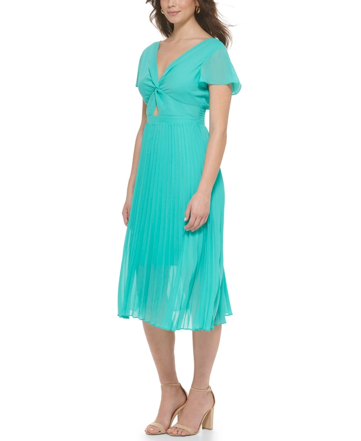 Chiffon Midi With Flutter Sleeve And Key Hole Detail-Dress-Kensie Dresses-2-AQUA SPRAY-Urbanheer