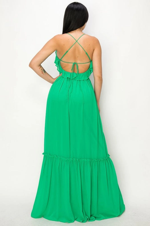 Chiffon Strap Ruffled Tie Waist Maxi Dress Green-Dress-Miss Avenue-S-Green-Urbanheer