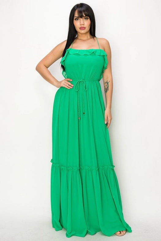 Chiffon Strap Ruffled Tie Waist Maxi Dress Green-Dress-Miss Avenue-S-Green-Urbanheer