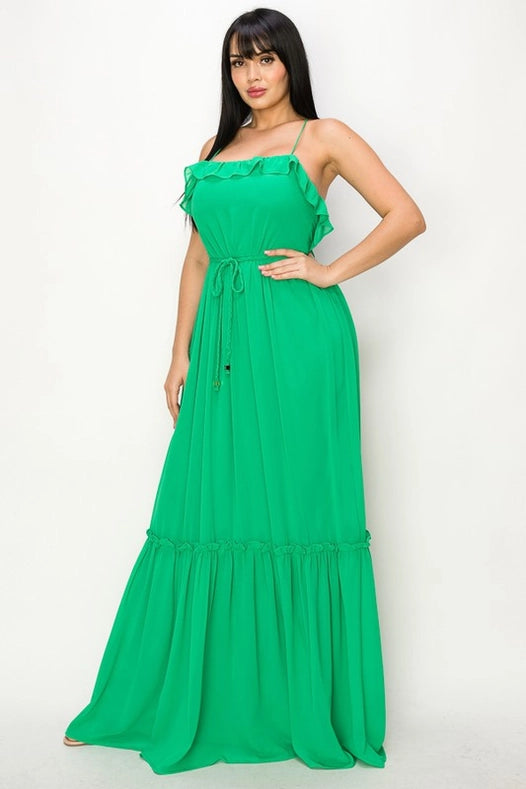 Chiffon Strap Ruffled Tie Waist Maxi Dress Green-Dress-Miss Avenue-S-Green-Urbanheer