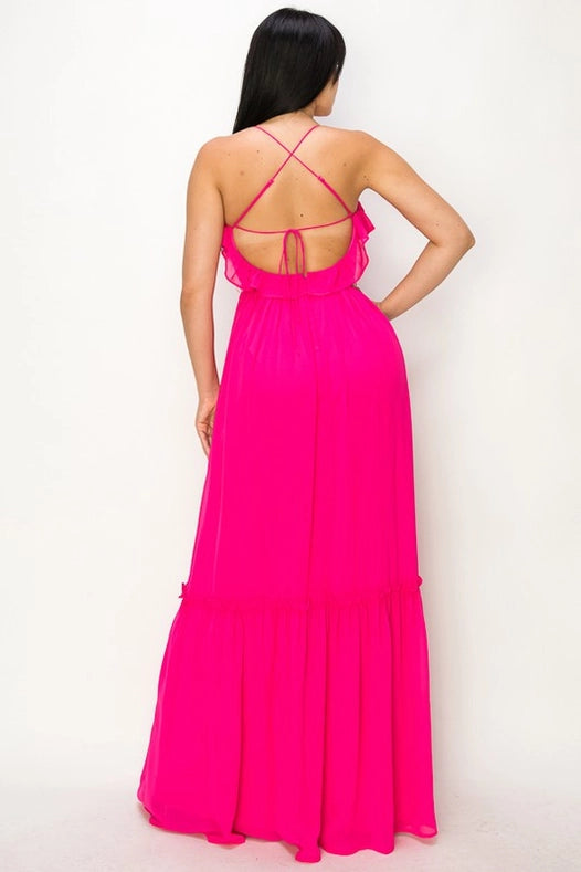 Chiffon Strap Ruffled Tie Waist Maxi Dress Hot Pink