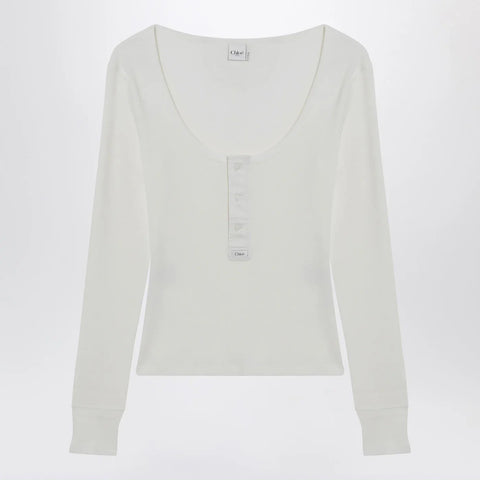 Chloé White Henley cotton jersey top