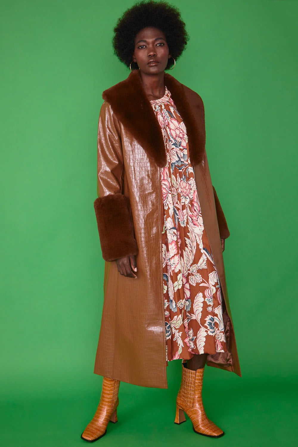 Chocolate Faux Leather Jacket with Detachable Faux Fur Cuffs and Collar-Faux Leather Coats-Buy Me Fur Ltd-S-Chocolate-Faux Leather-Urbanheer