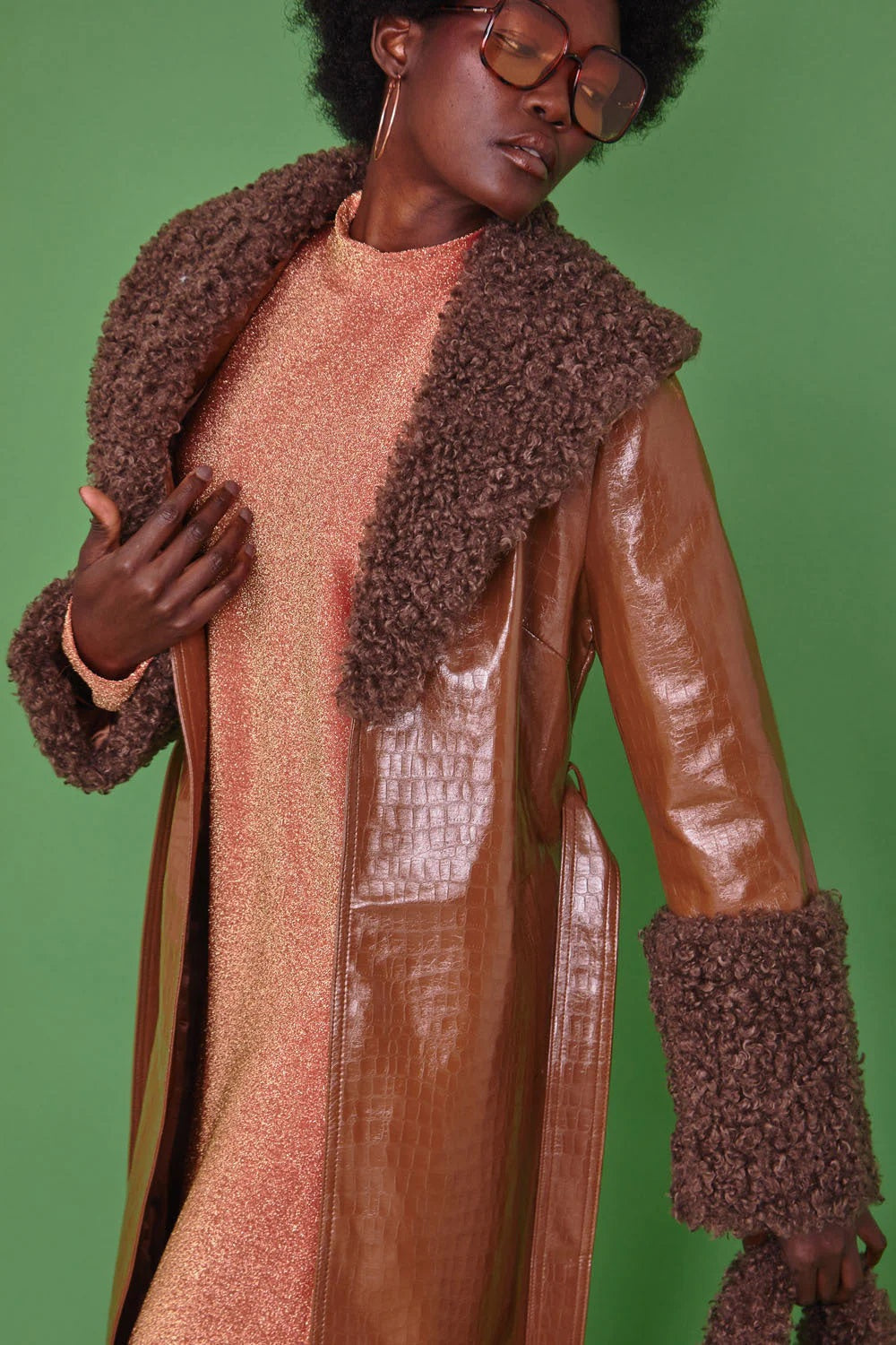 Chocolate Faux Leather Trench Coat with Faux Shearling Collar and Cuffs-Faux Leather Coats-Buy Me Fur Ltd-One Size-Chocolate-Faux Leather-Urbanheer