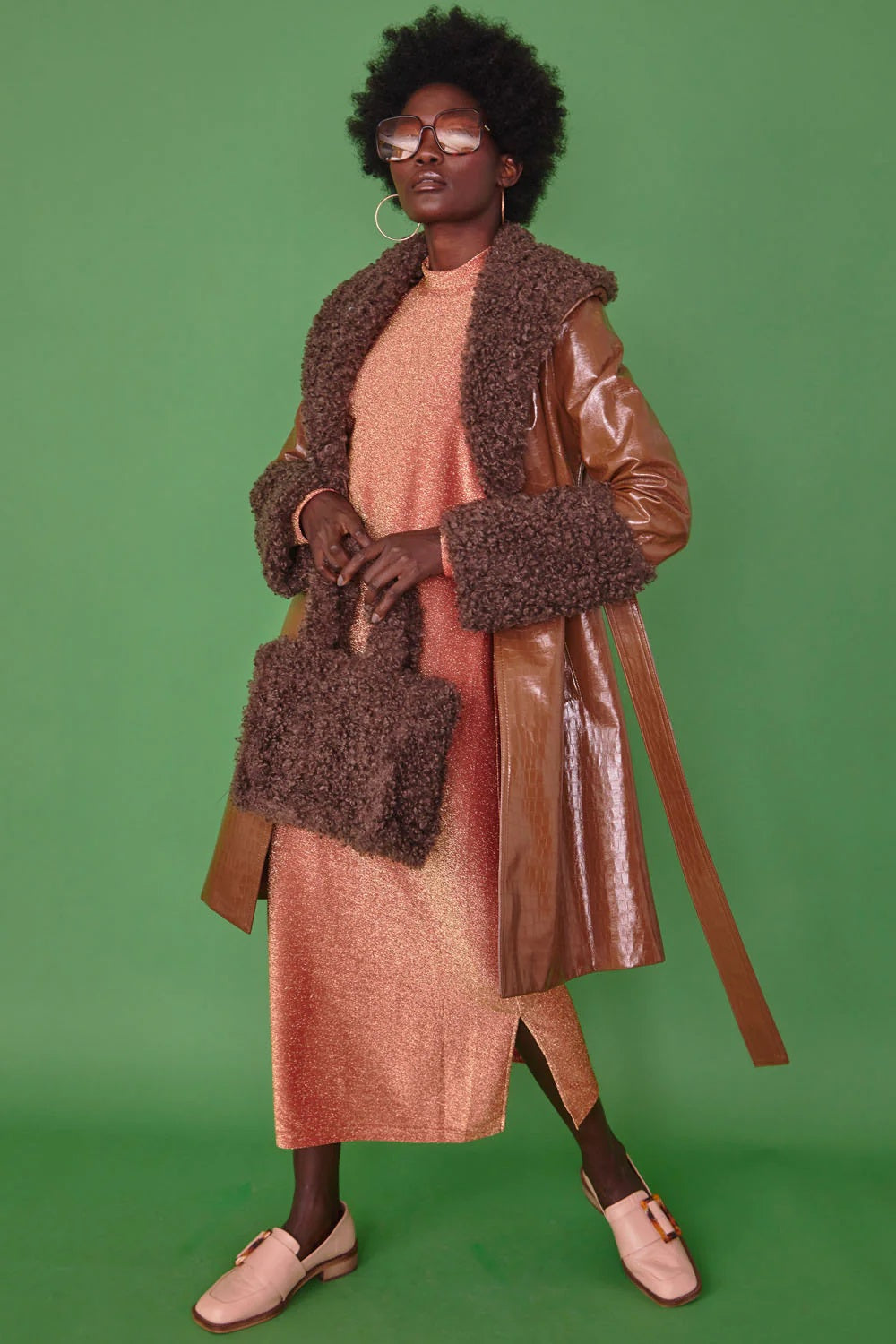 Chocolate Faux Leather Trench Coat with Faux Shearling Collar and Cuffs-Faux Leather Coats-Buy Me Fur Ltd-One Size-Chocolate-Faux Leather-Urbanheer