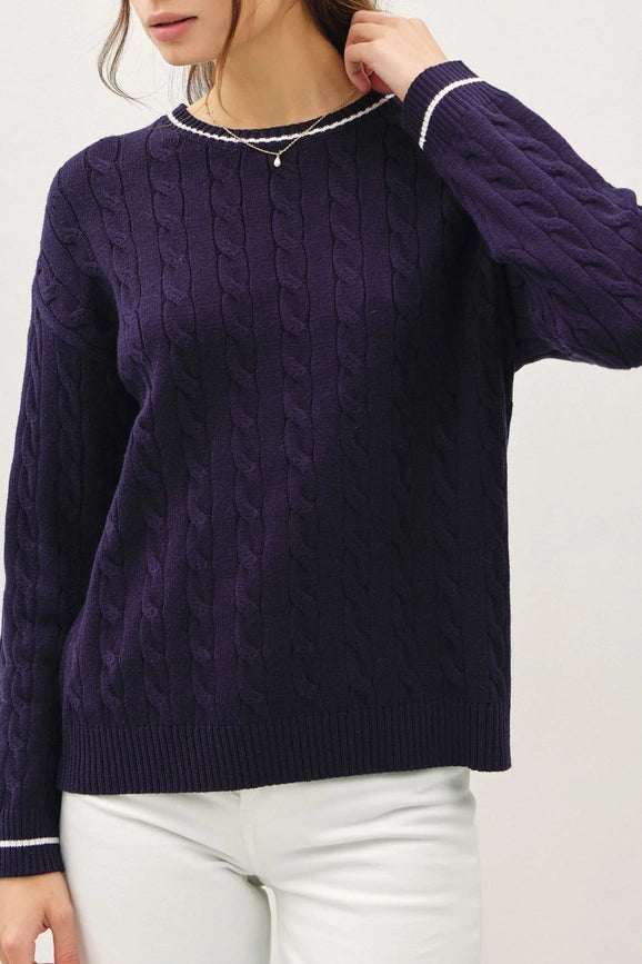 Chunky Cable Knit Pullover Sweater NAVY-Sweater-Peace Love Line-S-NAVY-Urbanheer