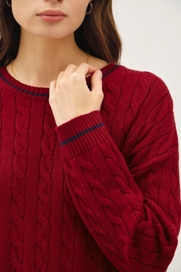 Chunky Cable Knit Pullover Sweater RED-Sweater-Peace Love Line-S-RED-Urbanheer