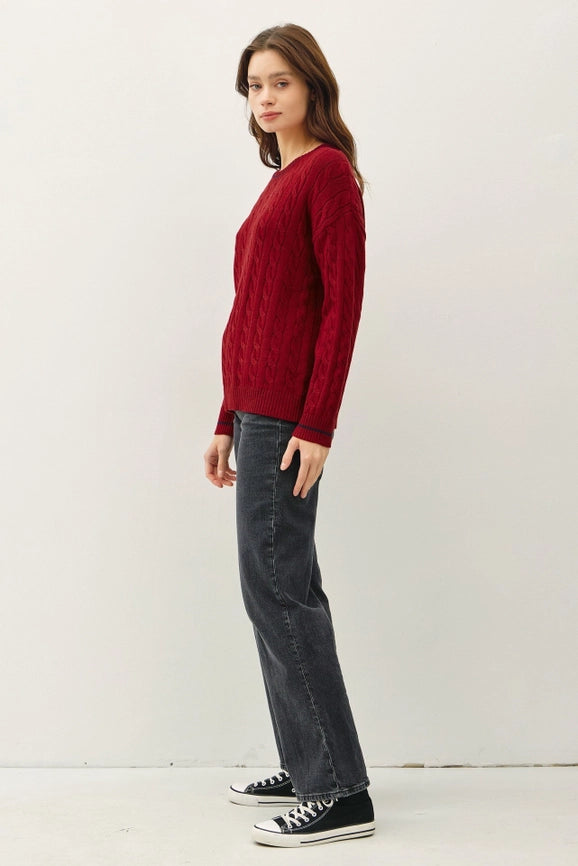 Chunky Cable Knit Pullover Sweater RED-Sweater-Peace Love Line-S-RED-Urbanheer