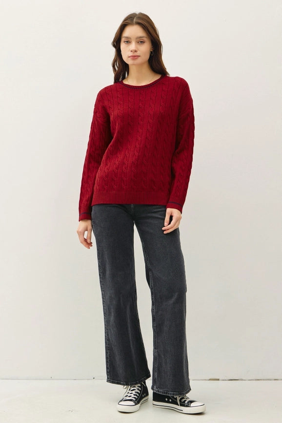 Chunky Cable Knit Pullover Sweater RED-Sweater-Peace Love Line-S-RED-Urbanheer