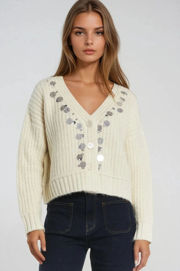 Chunky Knit Cardigan with Sequin Detail-Cardigan-Q2-One Size-White-Urbanheer