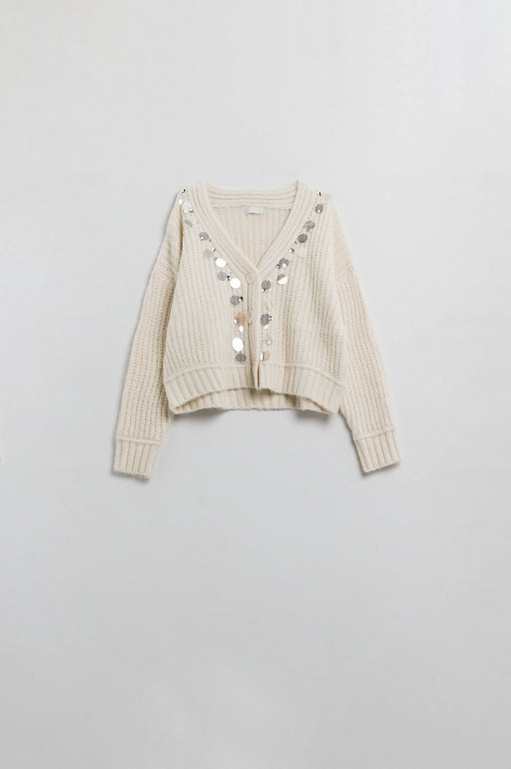Chunky Knit Cardigan with Sequin Detail-Cardigan-Q2-One Size-White-Urbanheer