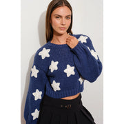 Chunky Knit Star Sweater with Cropped Length NAVY-Sweater Top-Apolline-S-NAVY-Urbanheer