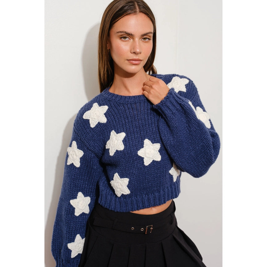 Chunky Knit Star Sweater with Cropped Length NAVY-Sweater Top-Apolline-S-NAVY-Urbanheer