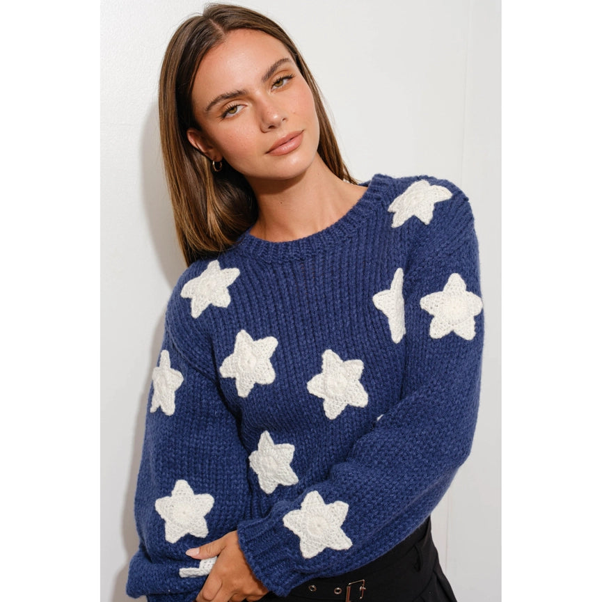 Chunky Knit Star Sweater with Cropped Length NAVY-Sweater Top-Apolline-S-NAVY-Urbanheer