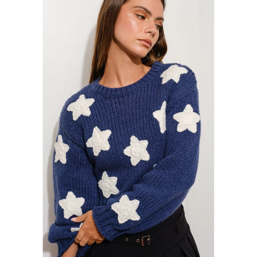 Chunky Knit Star Sweater with Cropped Length NAVY-Sweater Top-Apolline-S-NAVY-Urbanheer