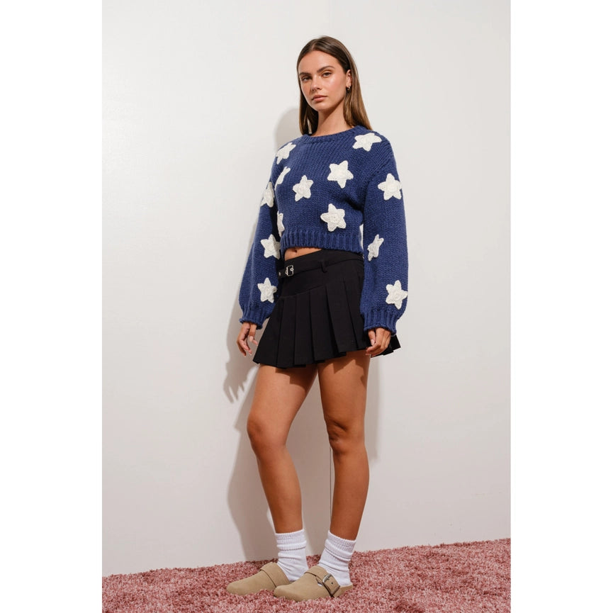 Chunky Knit Star Sweater with Cropped Length NAVY-Sweater Top-Apolline-S-NAVY-Urbanheer