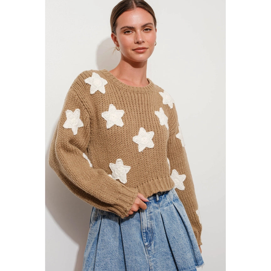 Chunky Knit Star Sweater with Cropped Length SAND-Sweater Top-Apolline-S-SAND-Urbanheer