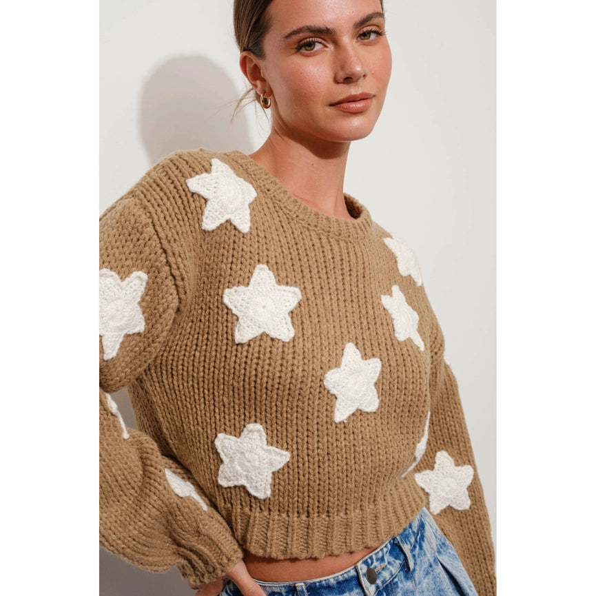 Chunky Knit Star Sweater with Cropped Length SAND-Sweater Top-Apolline-S-SAND-Urbanheer