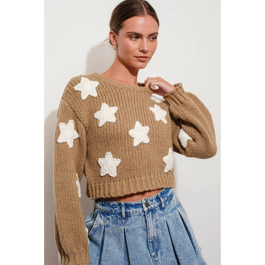 Chunky Knit Star Sweater with Cropped Length SAND-Sweater Top-Apolline-S-SAND-Urbanheer