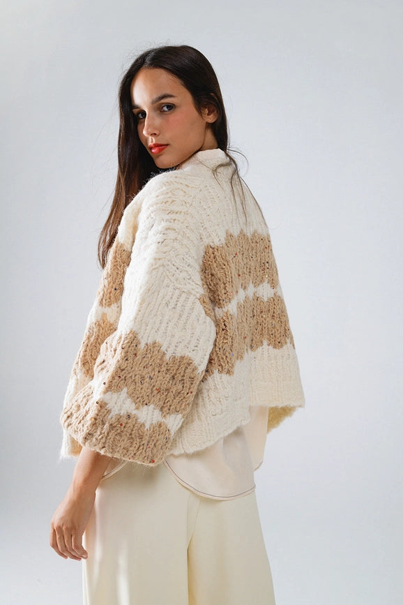 Chunky Knit Striped Cardigan with Sequin Details in Cream-Cardigan-Q2-OS-White-Urbanheer