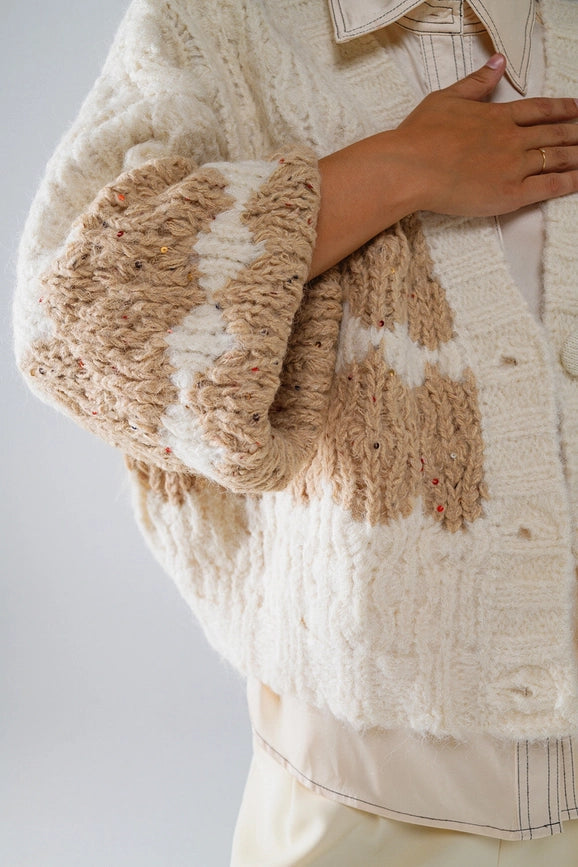 Chunky Knit Striped Cardigan with Sequin Details in Cream-Cardigan-Q2-OS-White-Urbanheer