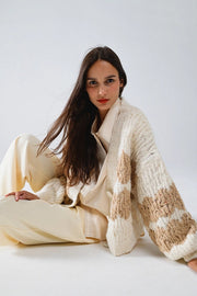 Chunky Knit Striped Cardigan with Sequin Details in Cream-Cardigan-Q2-OS-White-Urbanheer