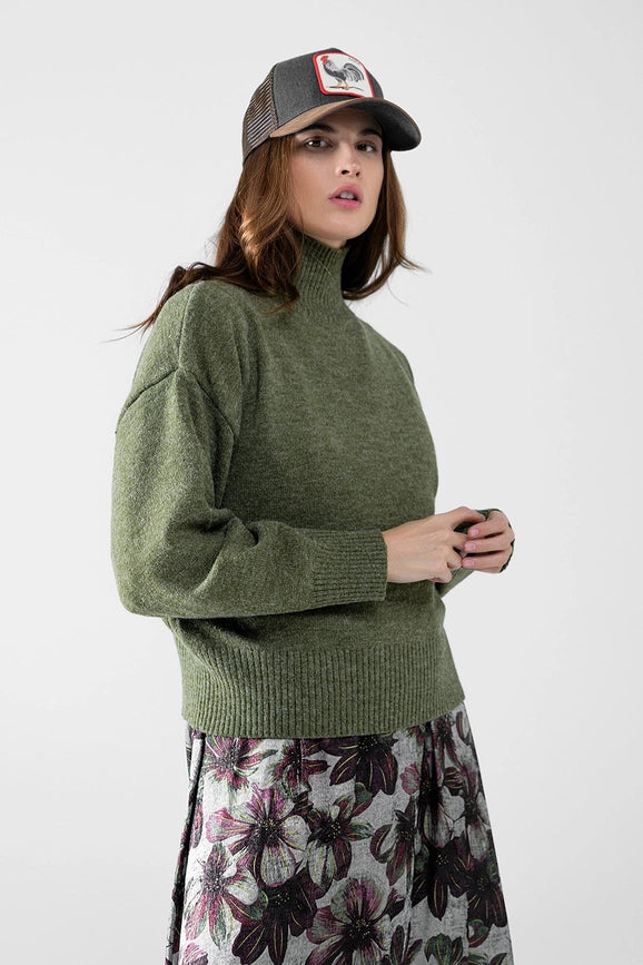 Chunky Knit Sweater in Green with Turtleneck-Sweater-Q2-S-Green-Urbanheer
