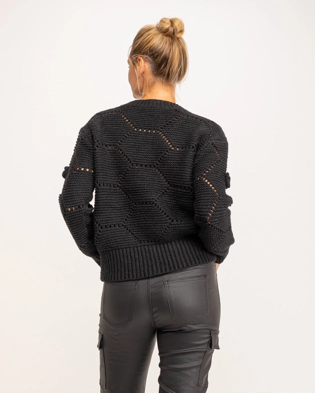 Chunky openwork knit sweater with flower detail-Sweater-Tantra-YOUR-BLACK-Urbanheer