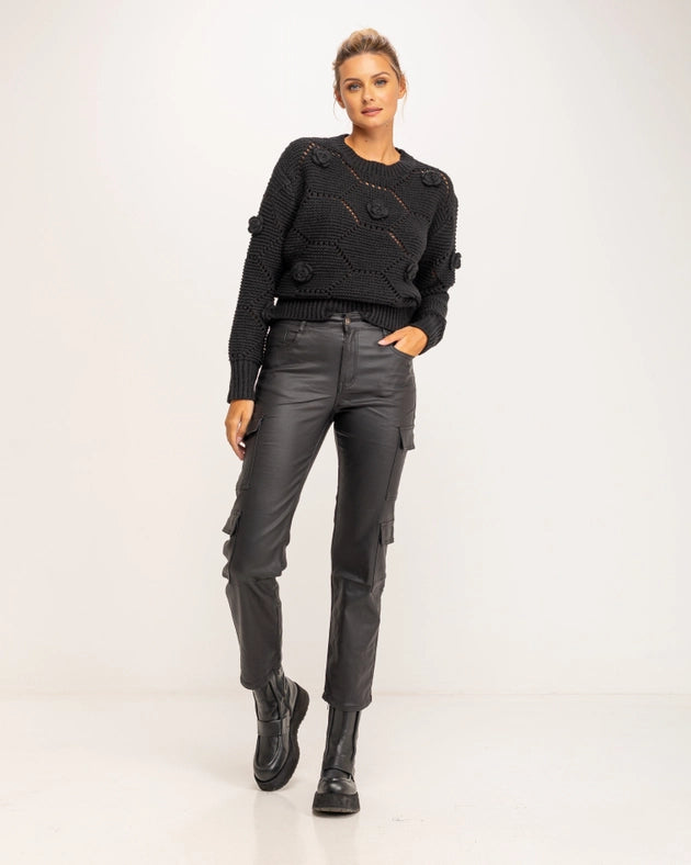 Chunky openwork knit sweater with flower detail-Sweater-Tantra-YOUR-BLACK-Urbanheer