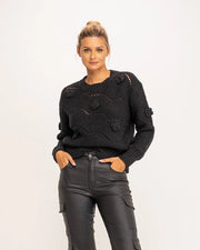 Chunky openwork knit sweater with flower detail-Sweater-Tantra-YOUR-BLACK-Urbanheer
