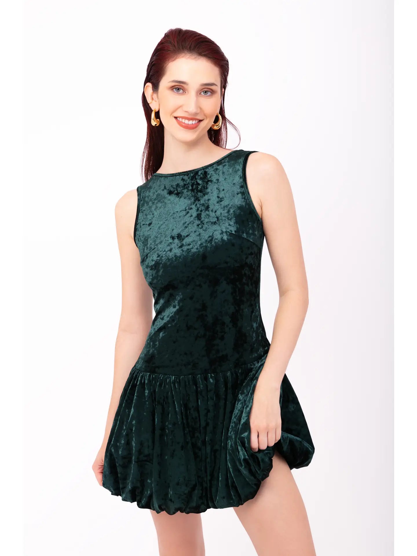 Ciara Emerald Green Velvet Puffball Mini Dress