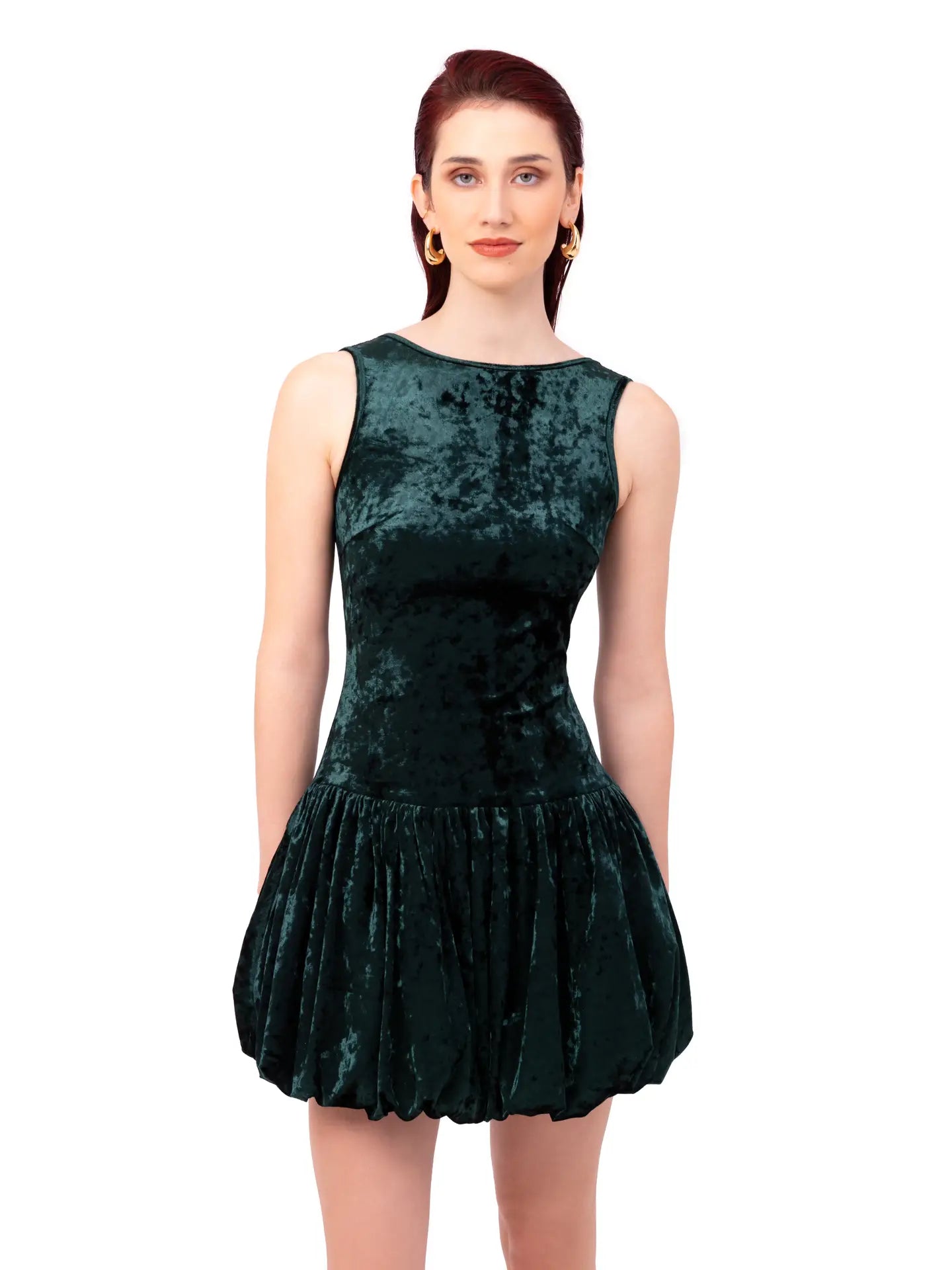 Ciara Emerald Green Velvet Puffball Mini Dress
