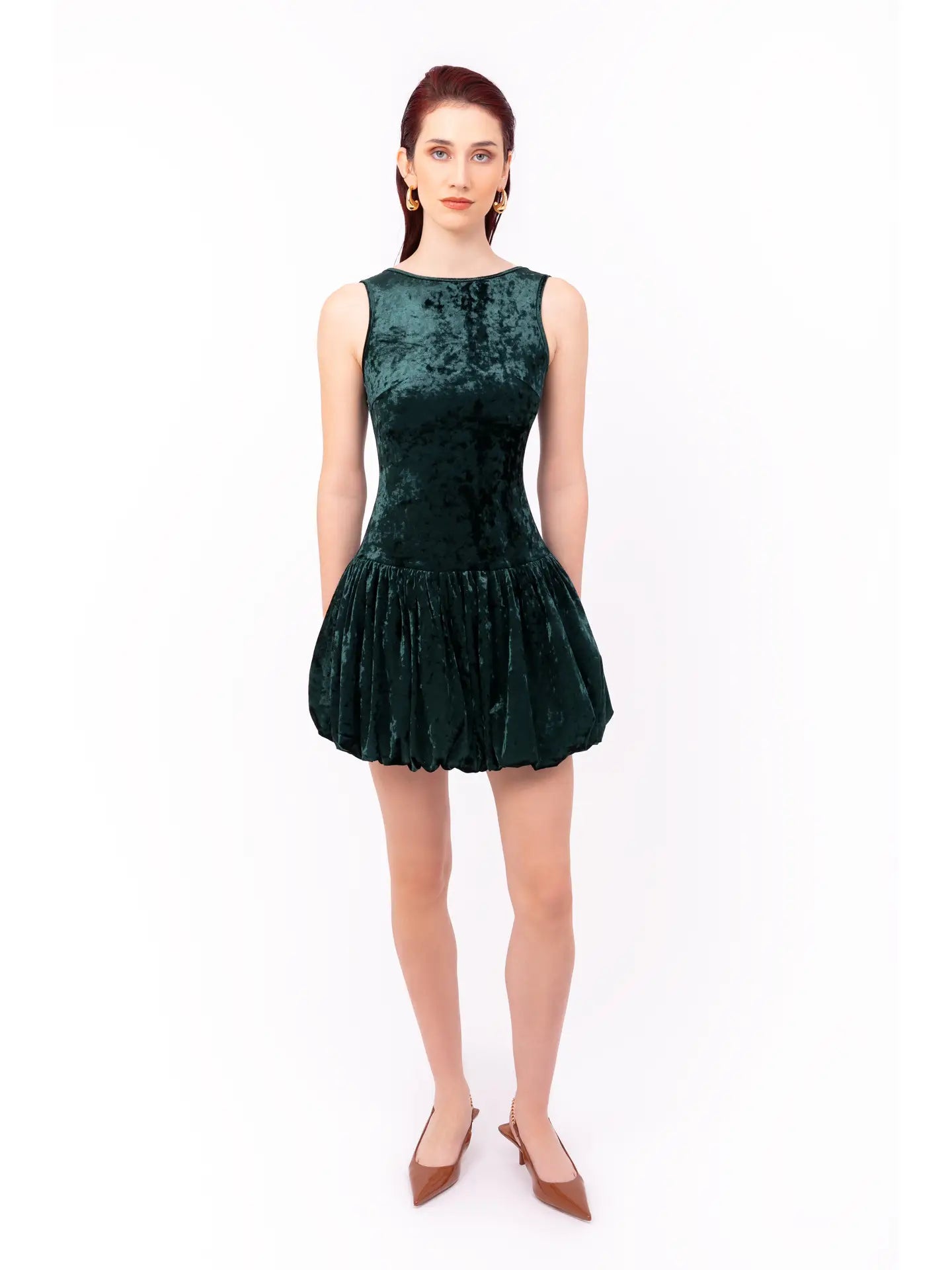 Ciara Emerald Green Velvet Puffball Mini Dress