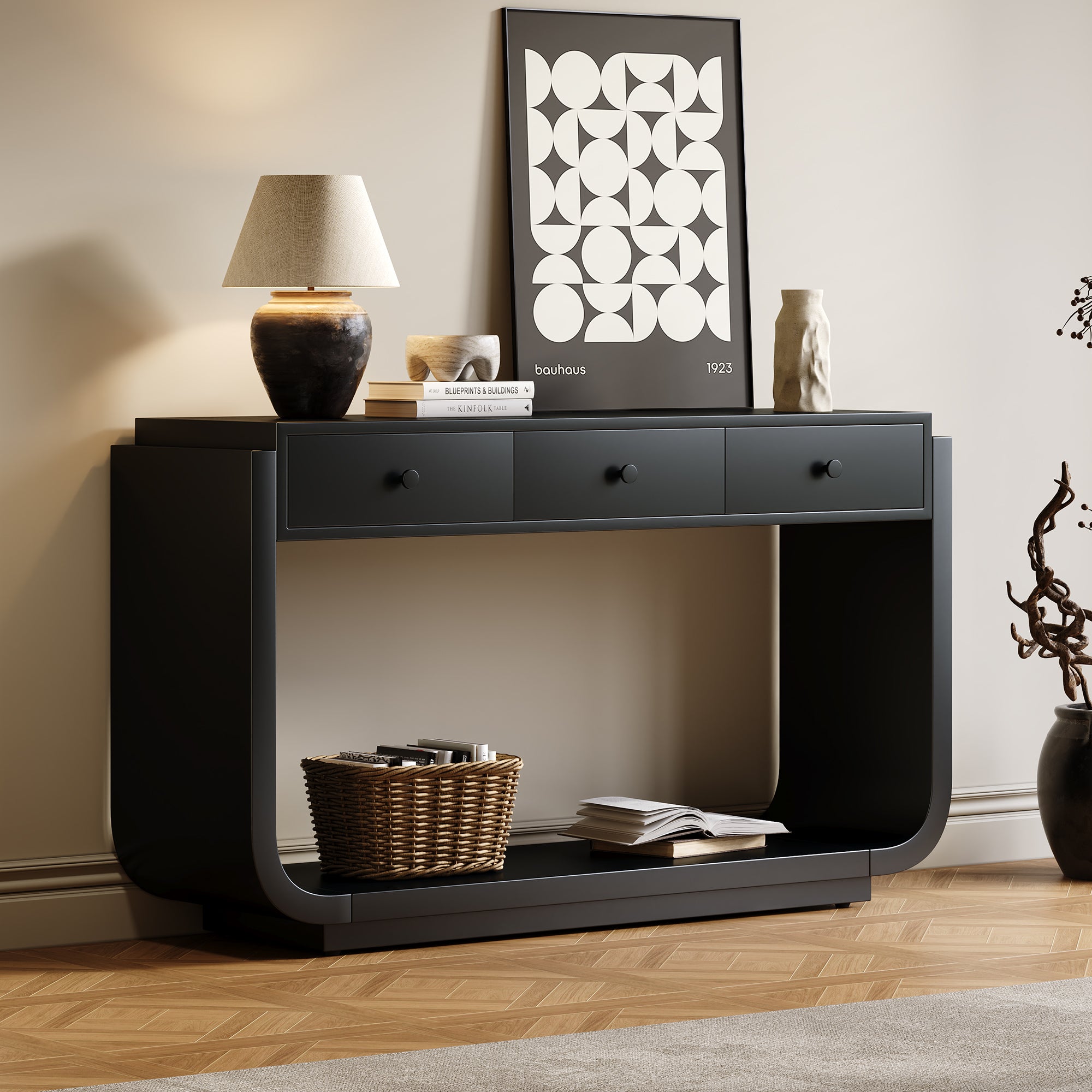 Classic Black Console Table with 3 Drawers &amp; Storage Shelf