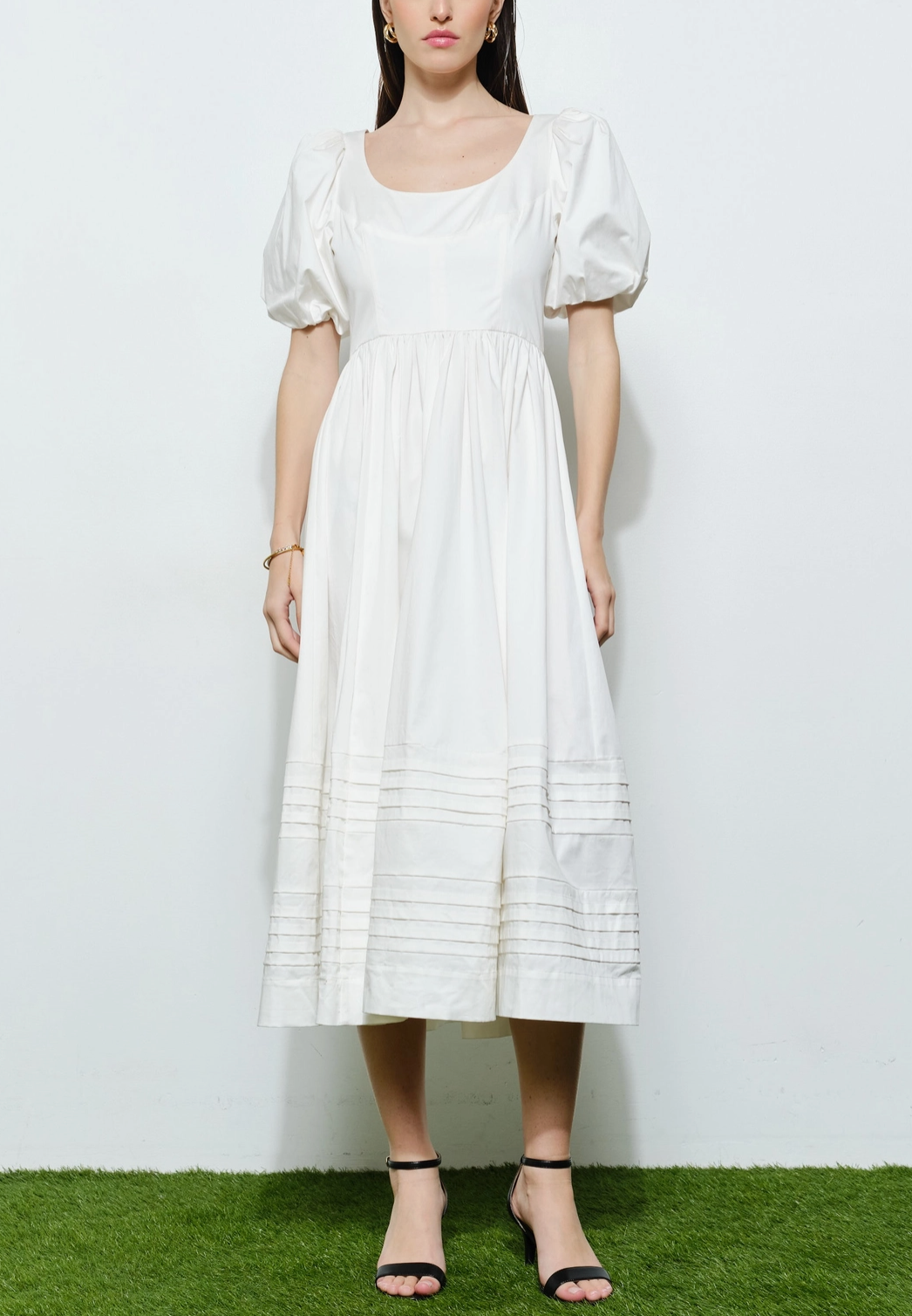 Classic Cotton Square Neck Smocked Midi Dress | White