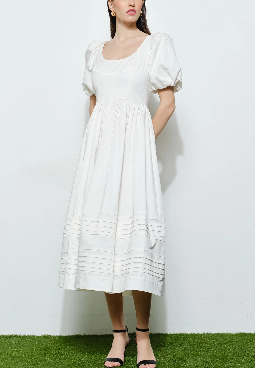 Classic Cotton Square Neck Smocked Midi Dress | White