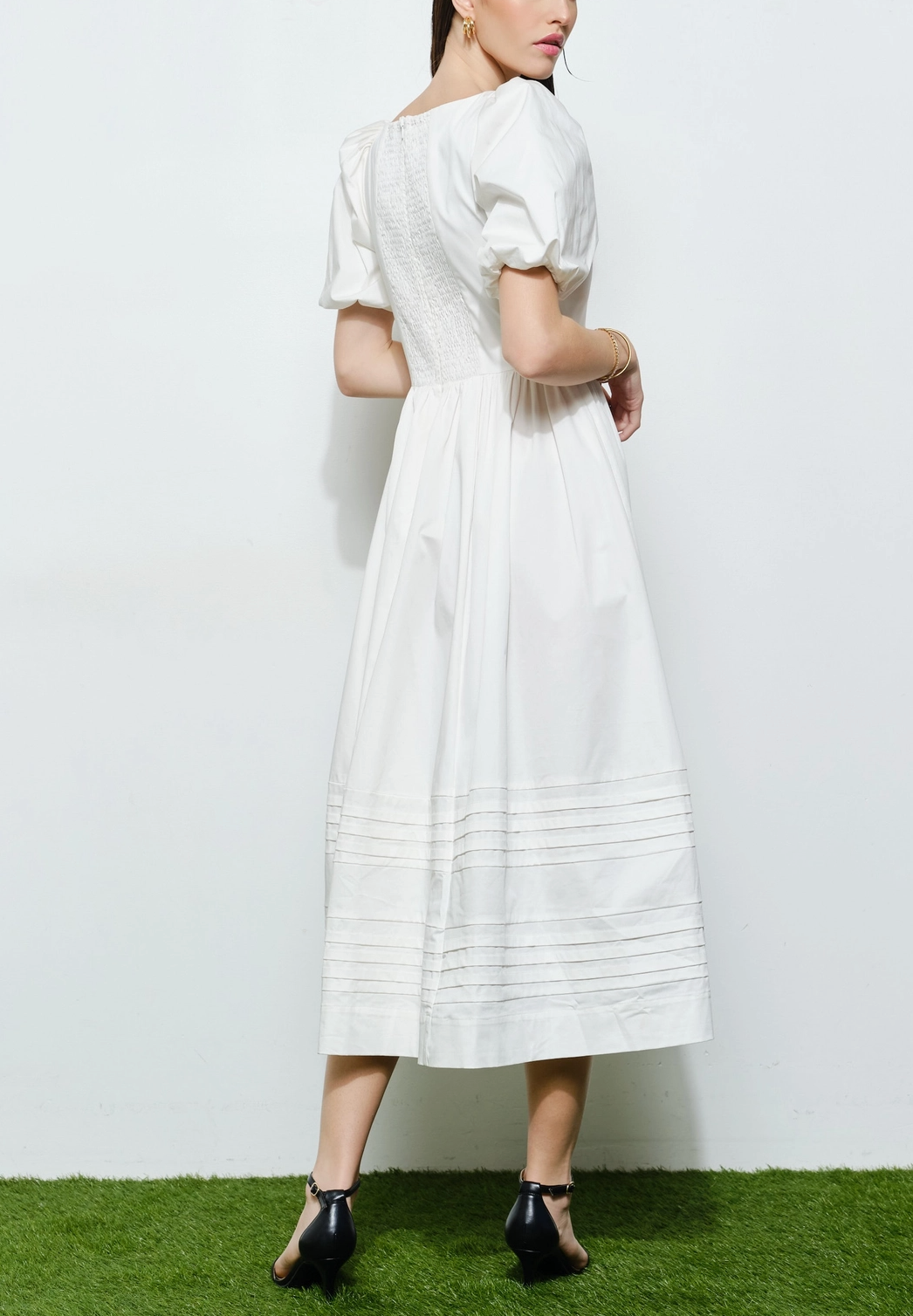Classic Cotton Square Neck Smocked Midi Dress | White