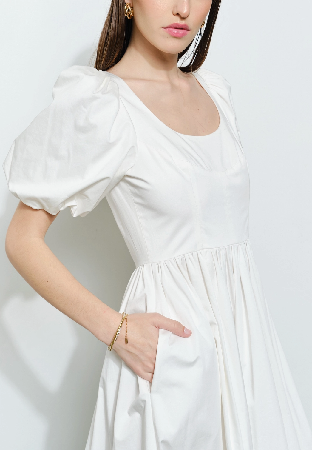 Classic Cotton Square Neck Smocked Midi Dress | White