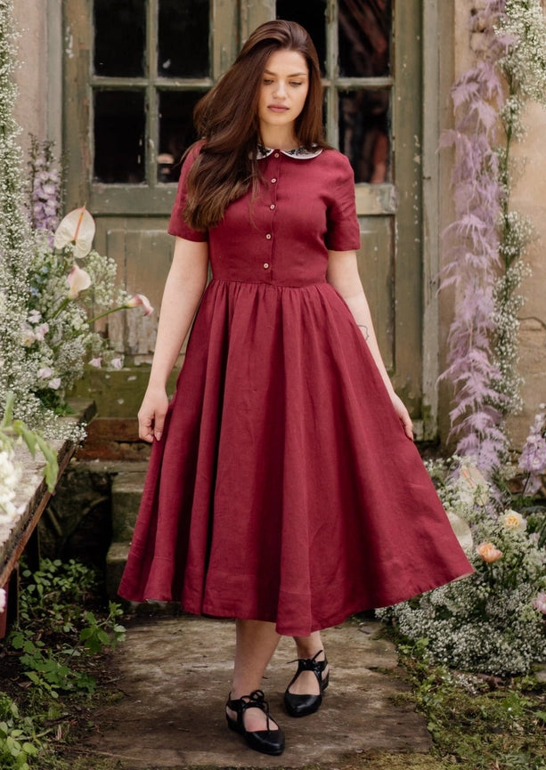 Classic Dress with Embroidered Meadow Collar, Short Sleeve-Dress-Son de Flor-S-Marsala Red-Urbanheer