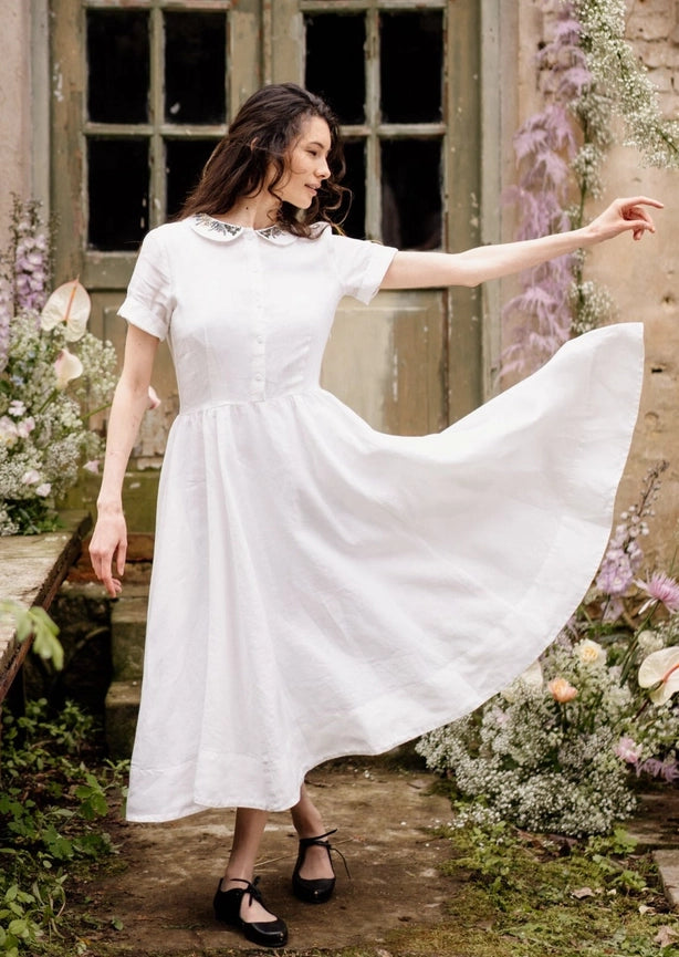 Classic Dress with Embroidered Meadow Collar, Short Sleeve-Dress-Son de Flor-S-White Magnolia-Urbanheer
