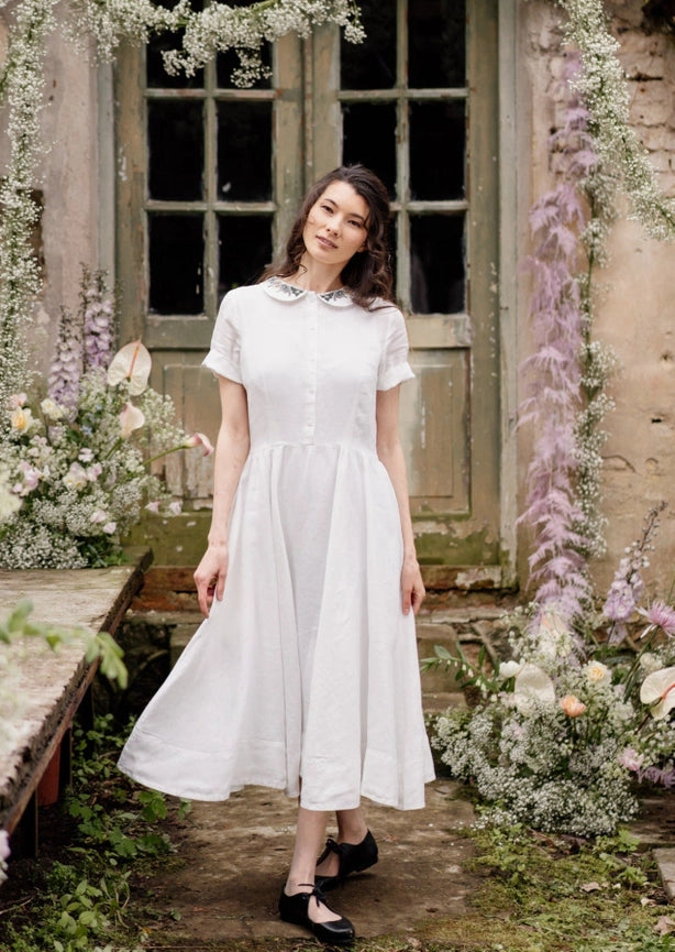 Classic Dress with Embroidered Meadow Collar, Short Sleeve-Dress-Son de Flor-S-Marsala Red-Urbanheer