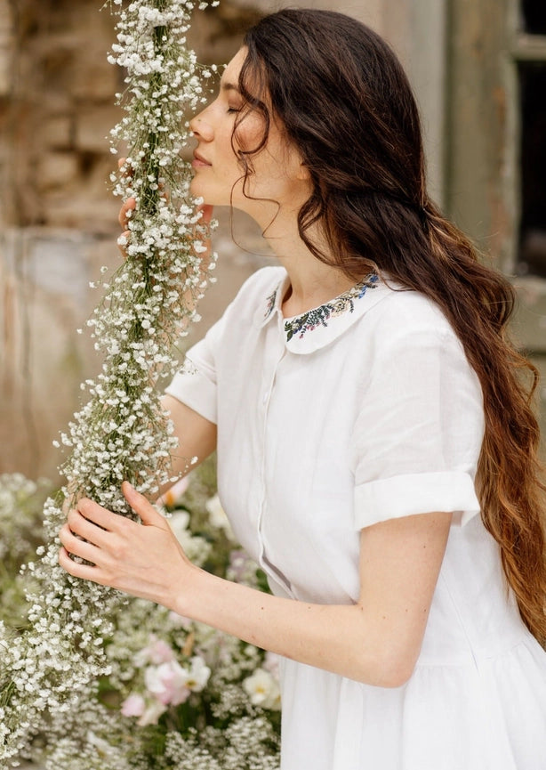 Classic Dress with Embroidered Meadow Collar, Short Sleeve-Dress-Son de Flor-S-Marsala Red-Urbanheer