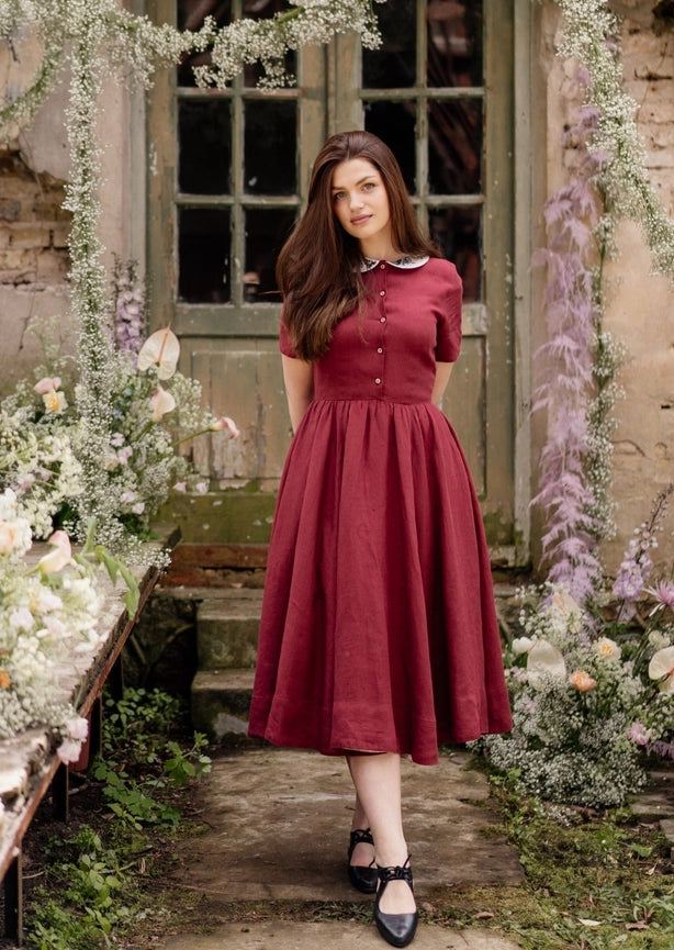 Classic Dress with Embroidered Meadow Collar, Short Sleeve-Dress-Son de Flor-S-Marsala Red-Urbanheer