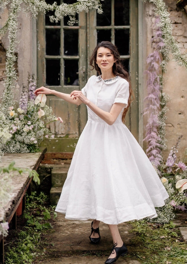 Classic Dress with Embroidered Meadow Collar, Short Sleeve-Dress-Son de Flor-S-Marsala Red-Urbanheer