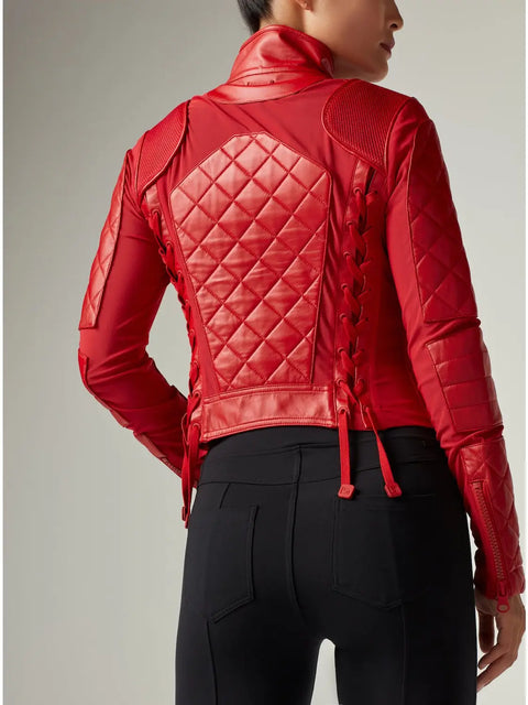 Genuine Leather Panel Classic Leather Mesh Moto Jacket - Haute Red