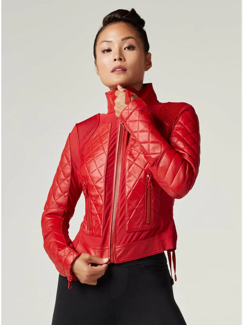 Genuine Leather Panel Classic Leather Mesh Moto Jacket - Haute Red with Lace Up Back