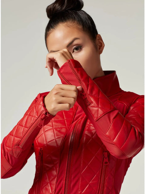 Genuine Leather Panel Classic Leather Mesh Moto Jacket - Haute Red with Lace Up Back